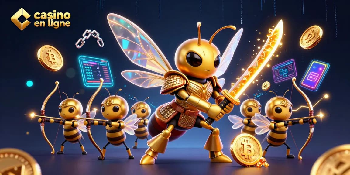 Découvrez le casino en ligne avec ces personnages dynamiques et des pièces de cryptomonnaie rayonnantes.