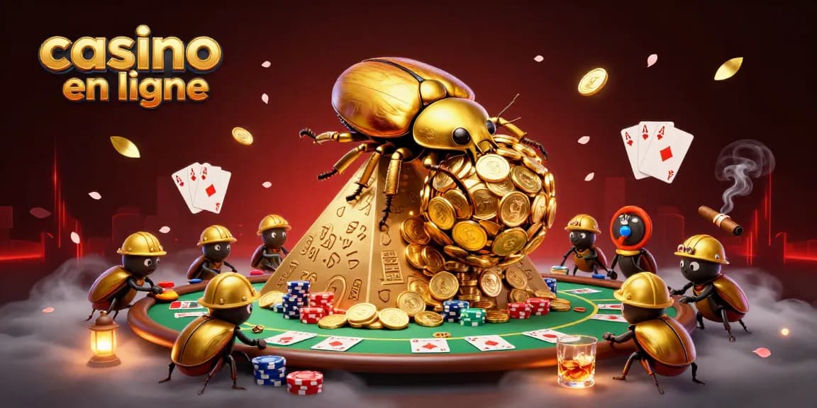 Jouer au casino en ligne avec un scarabée doré et des symboles de casino en pyramide.
