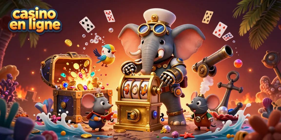Jouer au casino en ligne avec un éléphant steampunk et une machine à sous dorée, découvrant des trésors