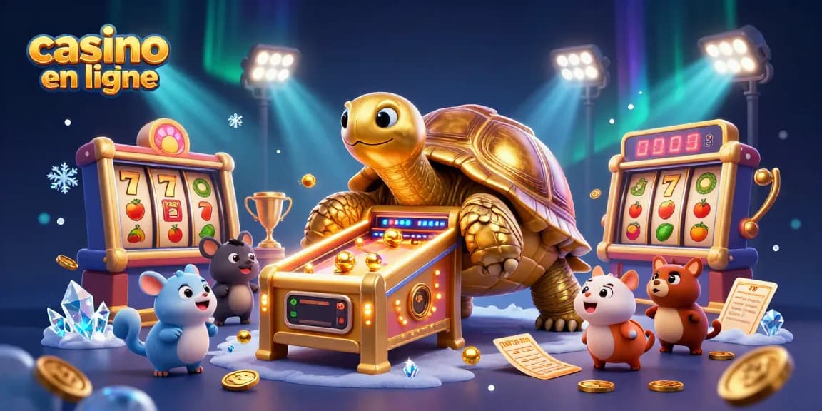 Jouez à des machines à sous au casino en ligne avec une tortue dorée géante en pinball.