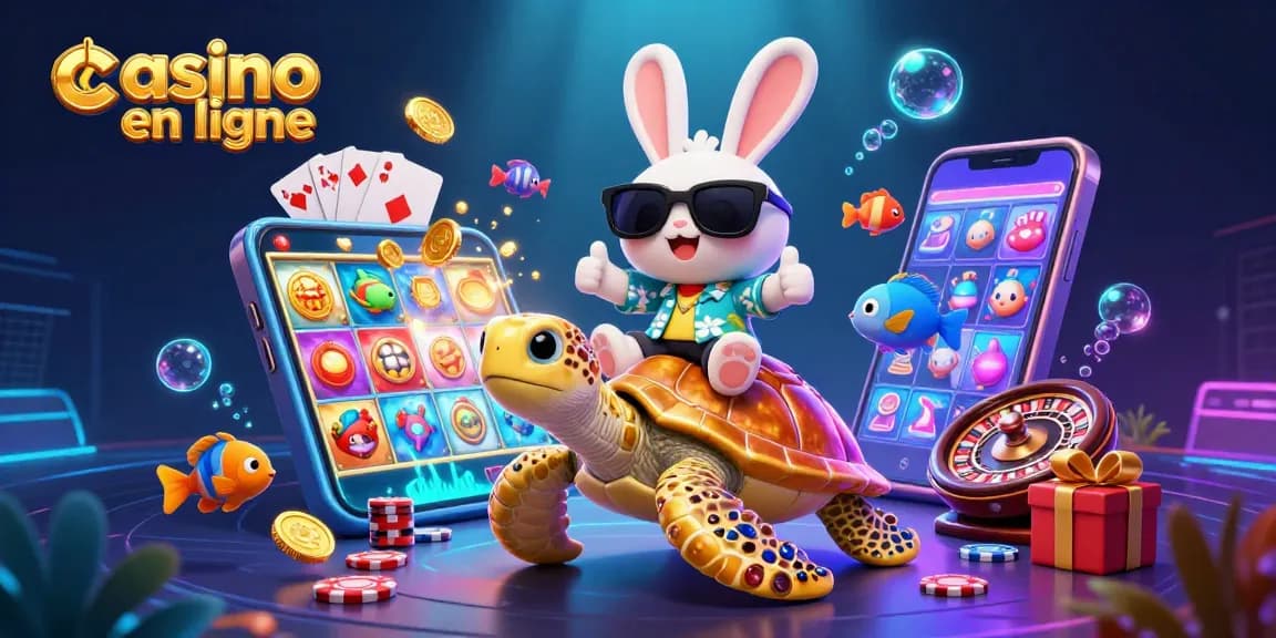 Illustration colorée de casino en ligne avec un lapin chanceux et une tortue dorée parmi des éléments de jeu.