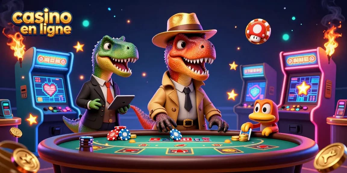 Vélociraptor au casino en ligne, jouant au blackjack sous le regard méfiant d'un stégosaure.