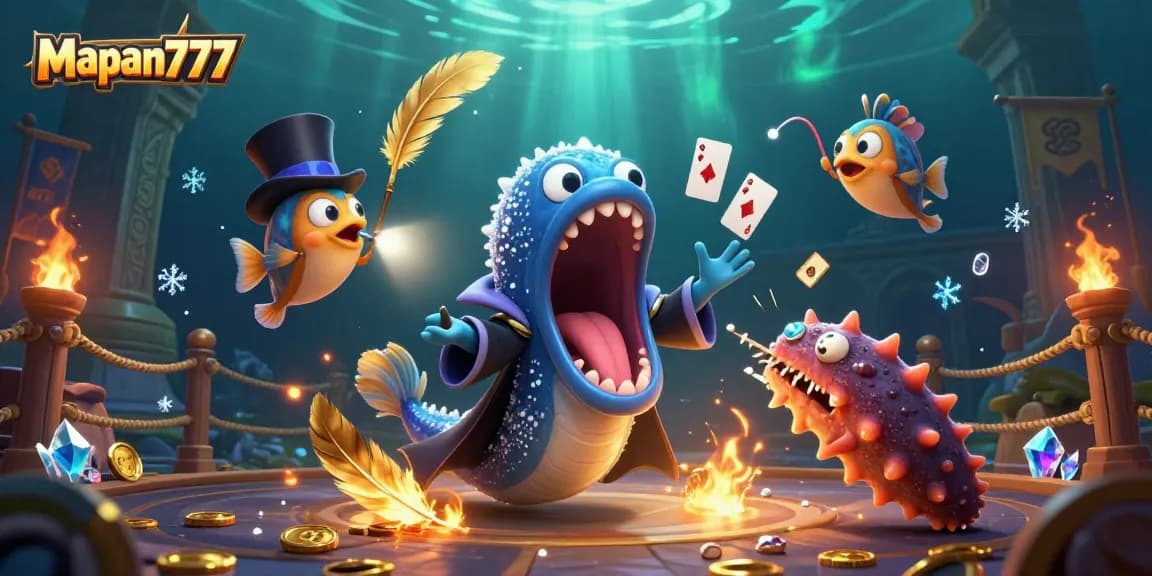 Engage with Mapan777 through a vibrant scene of underwater casino magic featuring card tricks and excitement