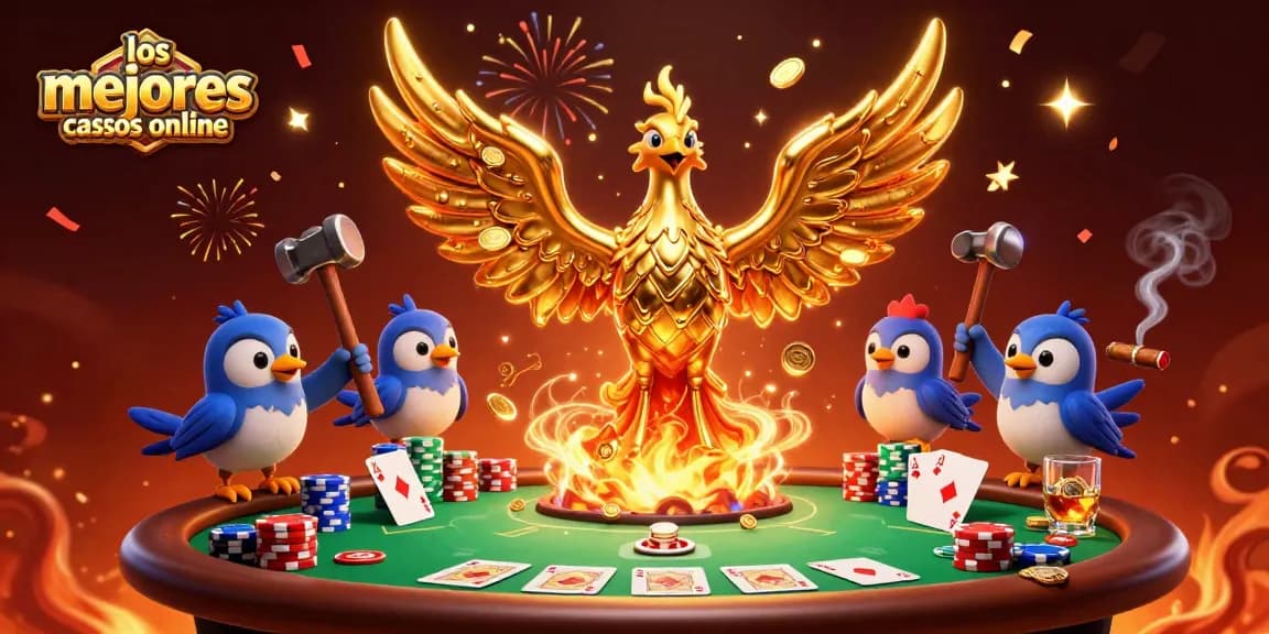 Explora los mejores casinos online con un ilustrativo fénix dorado y elementos de juego de alta calidad.