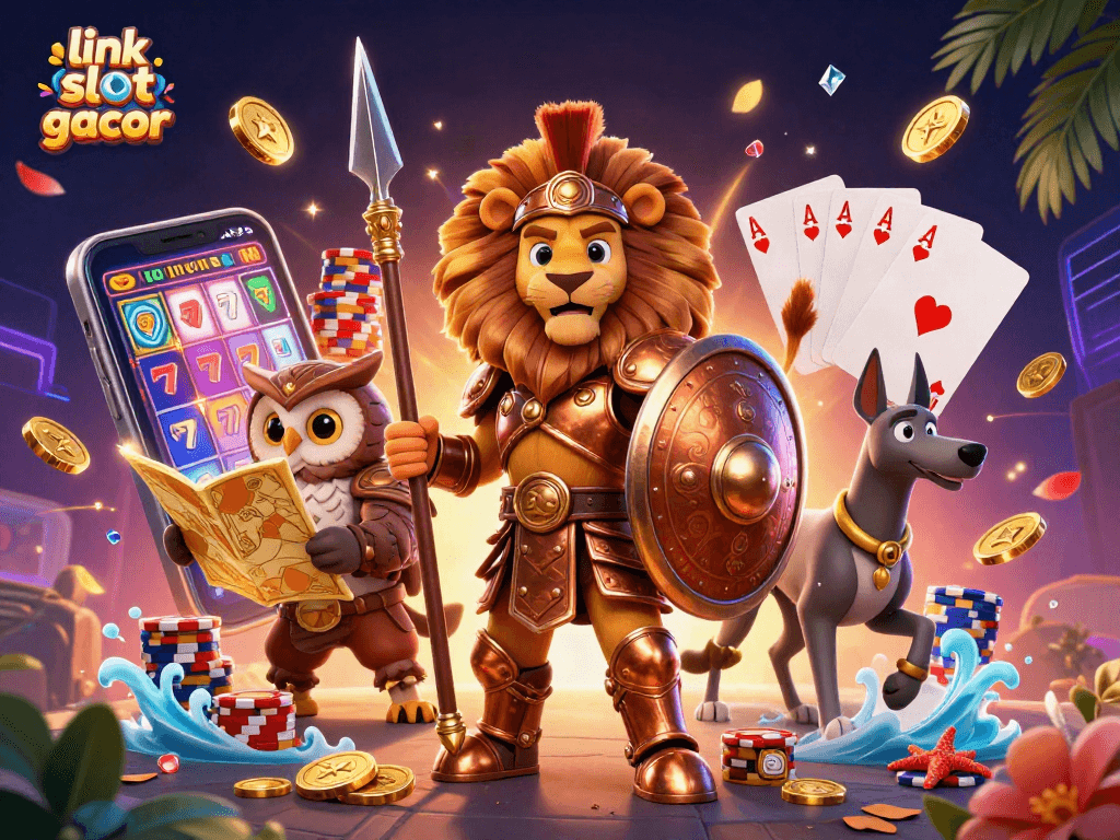 Experience thrilling gameplay with link slot gacor featuring a 3D Spartan lion and golden treasures.