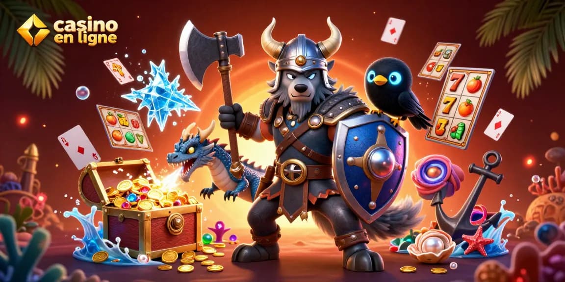 Découvrez l'univers du casino en ligne avec un guerrier viking au milieu d'éléments de jeu captivants.