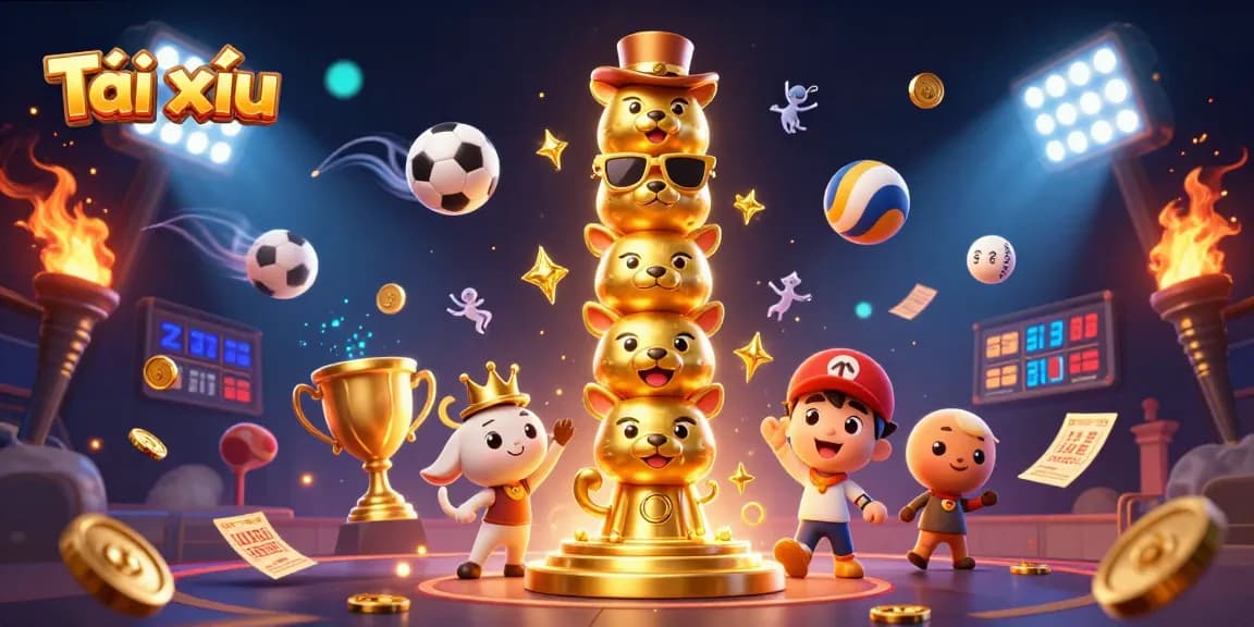 Tài xỉu game action packed illustration featuring a golden totem pole and dynamic sports elements