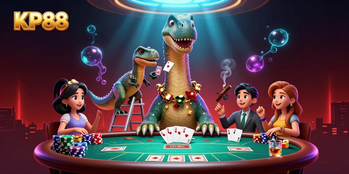 Experience intense poker action with KP88, featuring unique characters and vibrant casino elements in a dynamic scene.