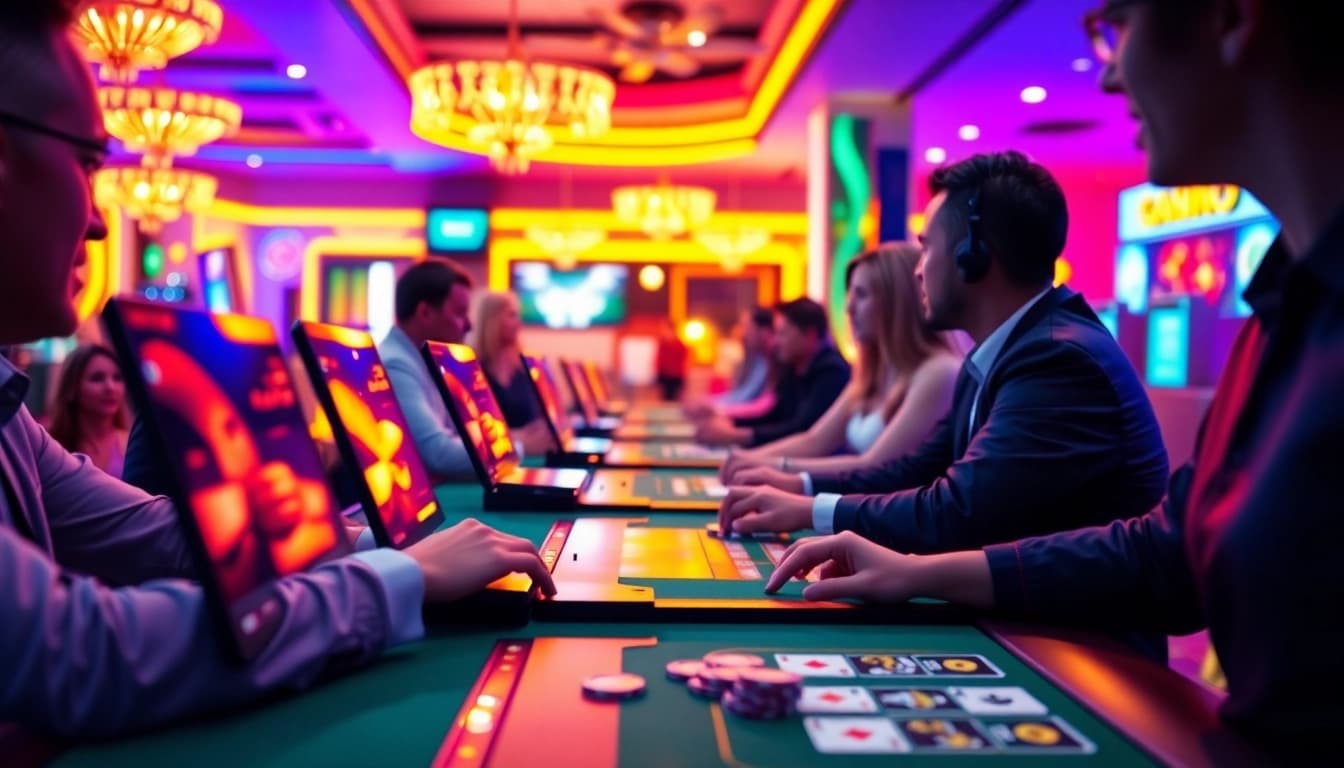 Engaging scene of Canada casinos online showing players at virtual gaming tables and lively atmosphere.