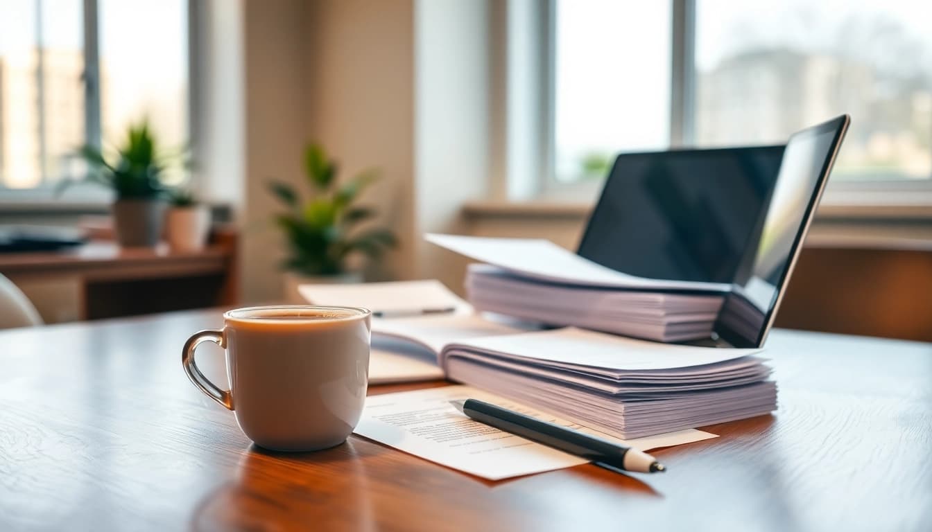 Engaging workspace for Proposal Writing and Management featuring a laptop, documents, and coffee.