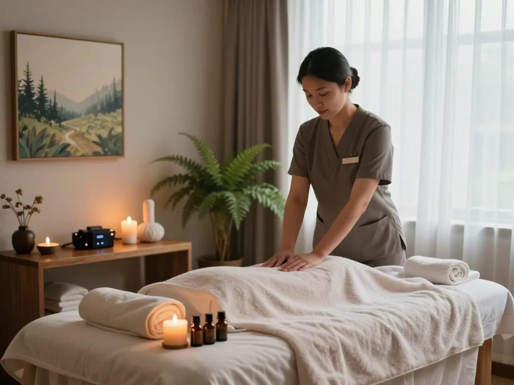 Relaxing massage therapy room showcasing a 1인샵 setting with warm lighting and soothing decor.