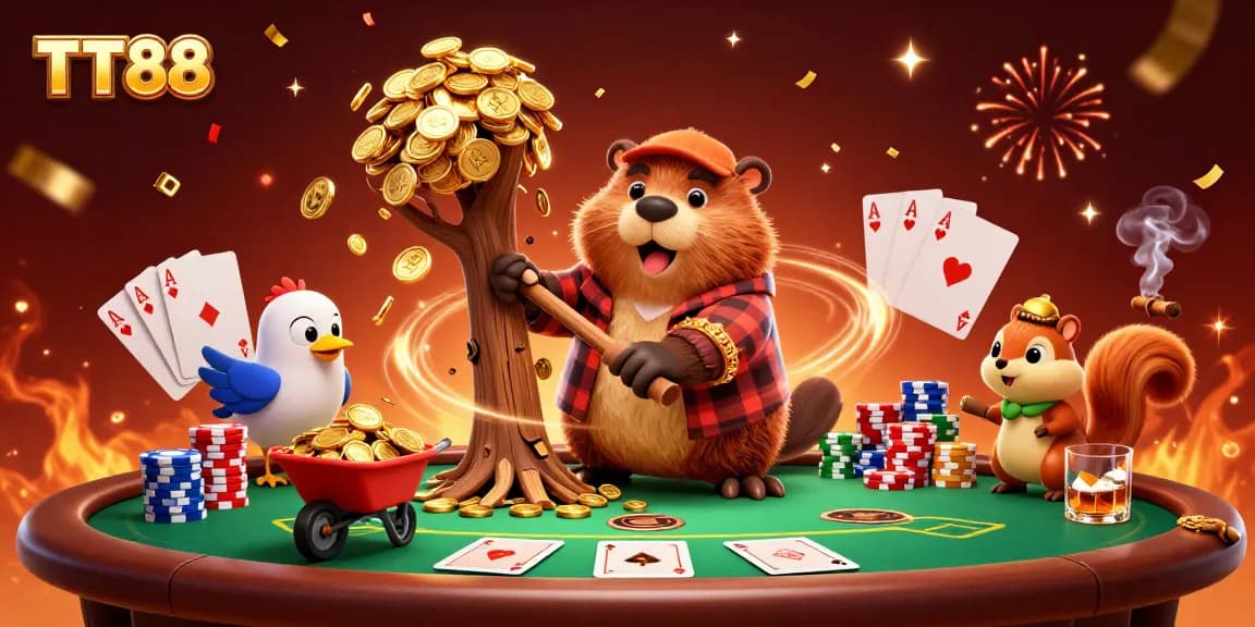 Engage with TT88's vibrant casino scene featuring a beaver and colorful poker chips.