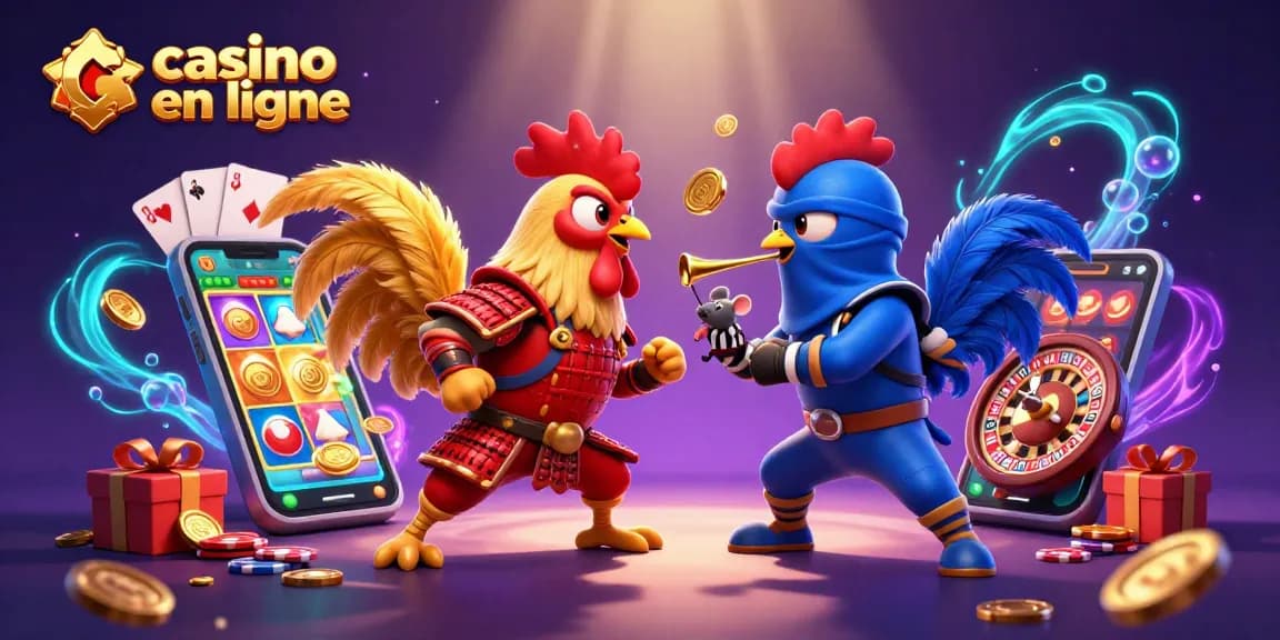 Participez à un casino en ligne animé avec des rouleaux de machines à sous et des coqs en combat.