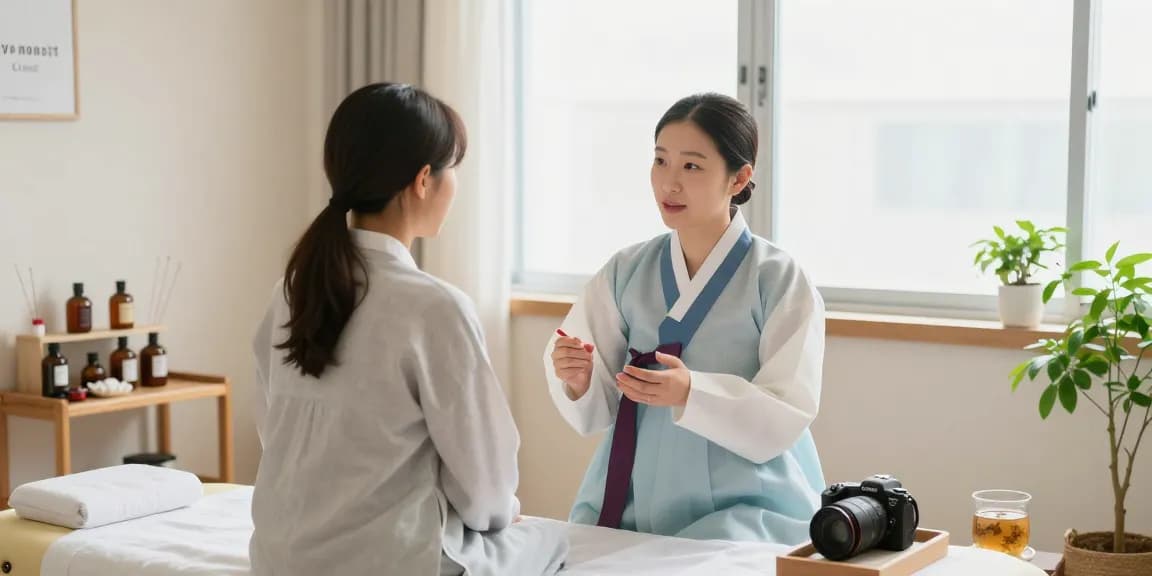 Consultation at 영통한의원, showcasing a practitioner discussing health plans in a serene setting.