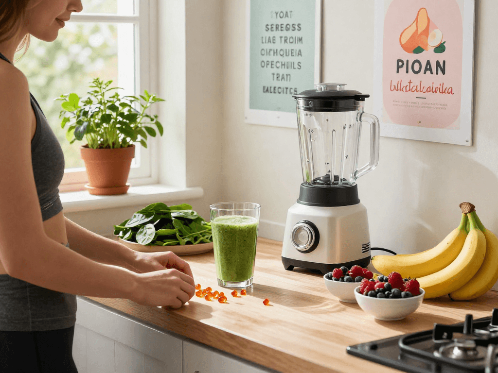 Preparing a healthy smoothie with astaxanthin softgels and fresh ingredients in a bright kitchen.