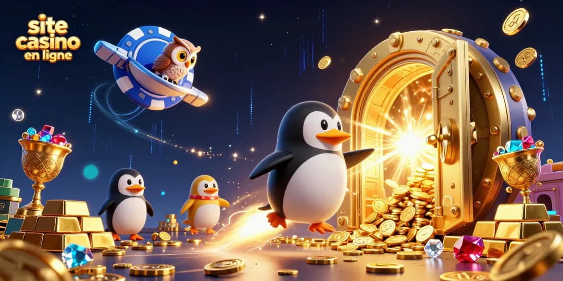 Explorez le site casino en ligne avec le pingouin d'or et les trésors scintillants.