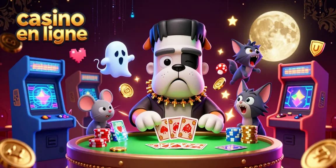 Jouer au casino en ligne avec des personnages de dessin animé, un bulldog et un chat loup dans un décor vibrant