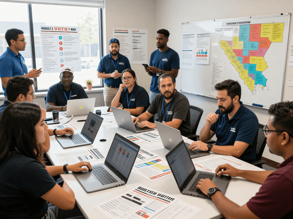 Team strategizing for targeted voter mail in a campaign office, showcasing collaboration and voter data.