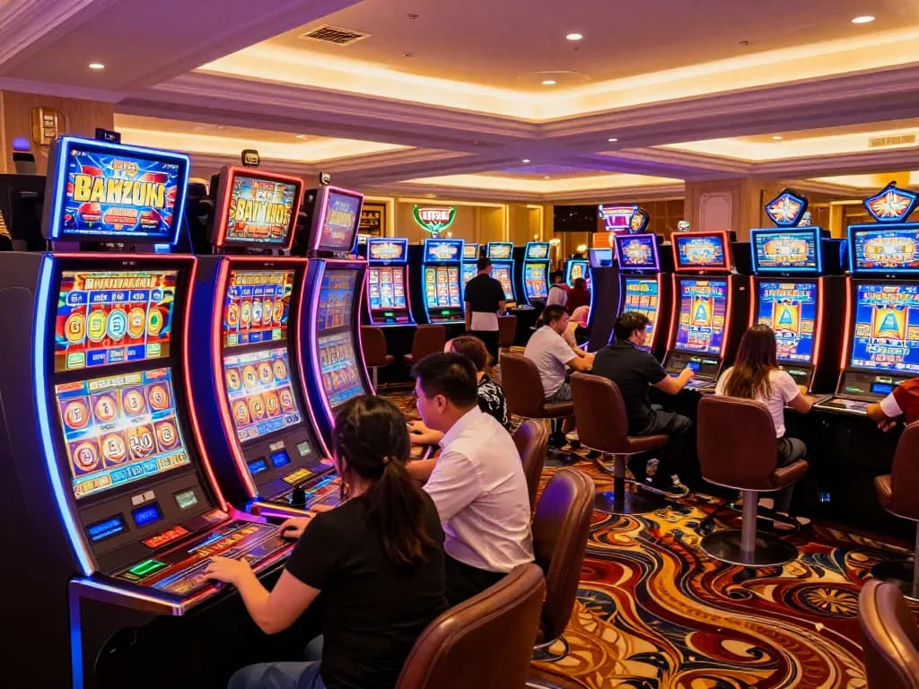 玩家们在明升Mansion88亚洲最赞的老虎机与体育博彩平台享受着热闹的氛围，五光十色的老虎机和生动的数字显示令人兴奋。