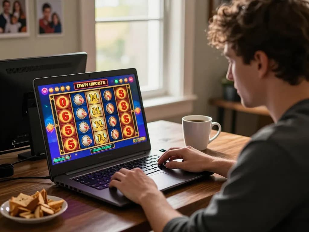 Engaging in slot online gameplay on a laptop, vibrant slot reels displayed on screen.