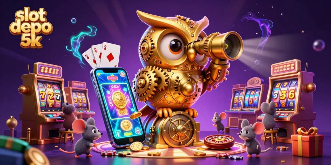 Embrace the excitement at slot depo 5k with vibrant slot reels and golden coins in a dynamic casino scene.