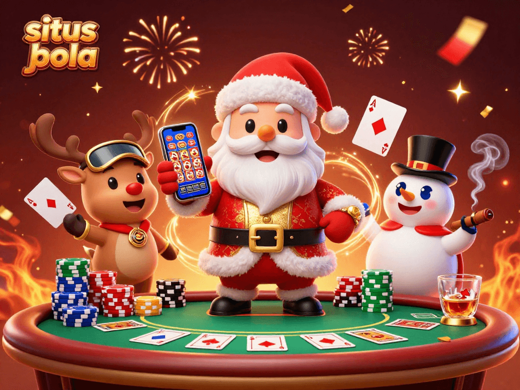 Engage with situs judi bola featuring Santa Claus in a festive casino scene with poker elements.