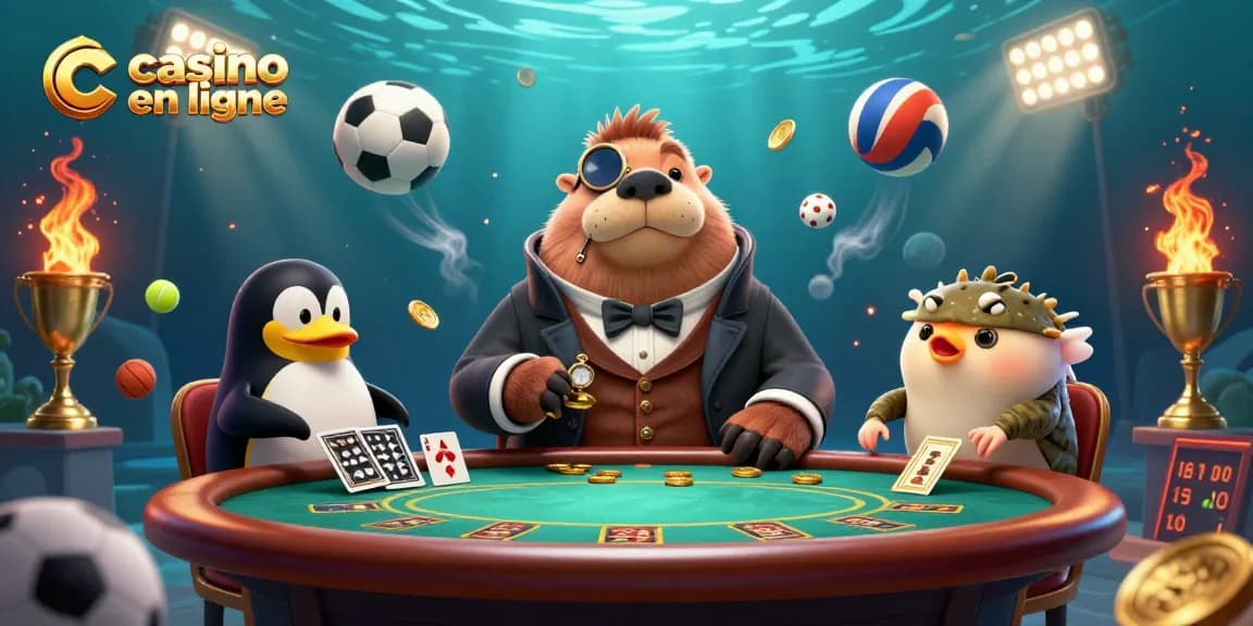 Jouer au casino en ligne avec un phoque en habit, un pingouin croupier et un poisson-globe bluffeur sous l'eau.