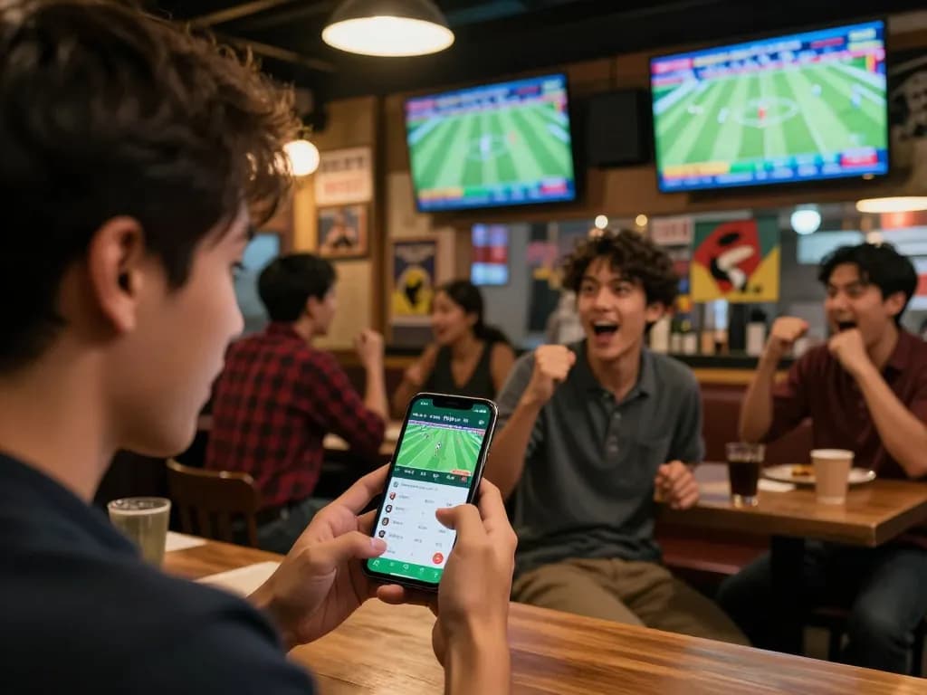 Engaged bettor using kèo nhà cái app in a lively sports bar, excitement evident as they place bets.