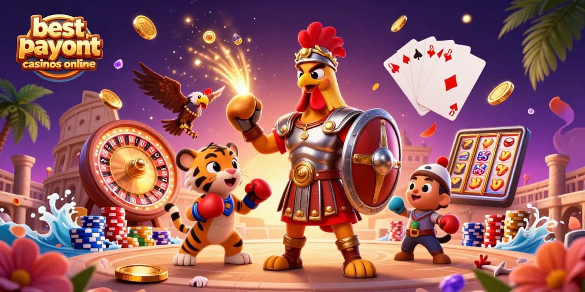 Experience the excitement at the best payout casinos online with a lively 3D rendering of the gladiator rooster and tiger cub