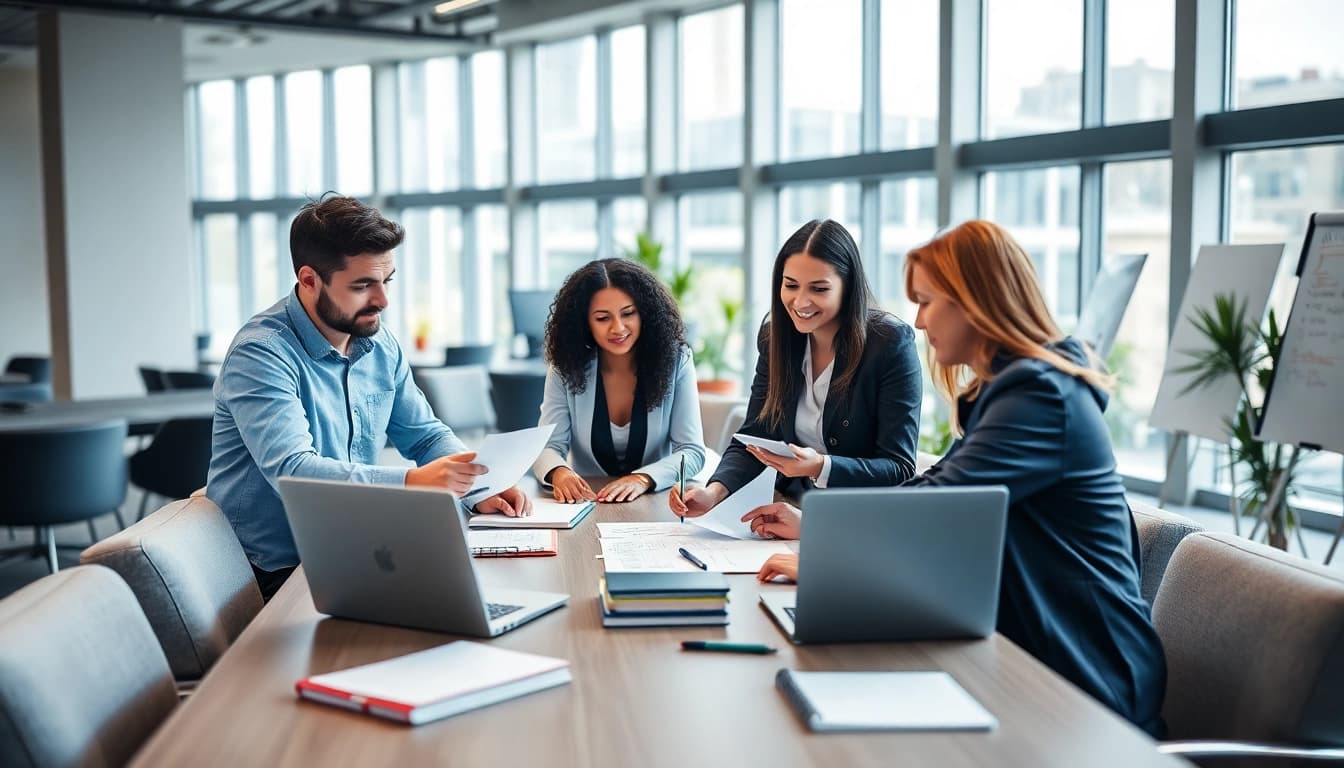Group collaborating on Proposal Writing and Management in a bright office environment.