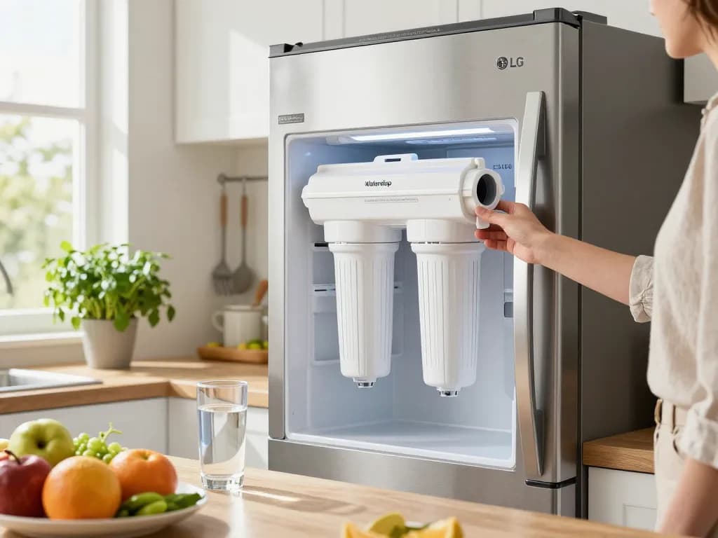 Waterdrop Alkaline LT1000PC ADQ747935 Replacement for LG® LT1000P®/PC/PCS ThinQ® Refrigerator Water Filter installation in a modern kitchen with fresh produce.