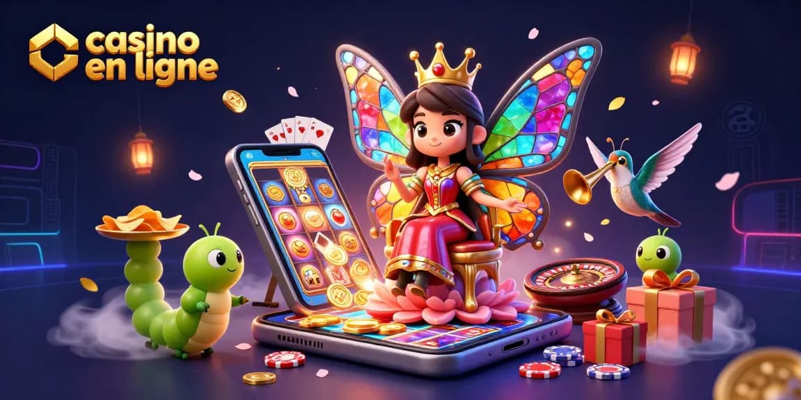 Jouez à des jeux captivants sur casino en ligne avec la reine papillon et ses créatures colorées.