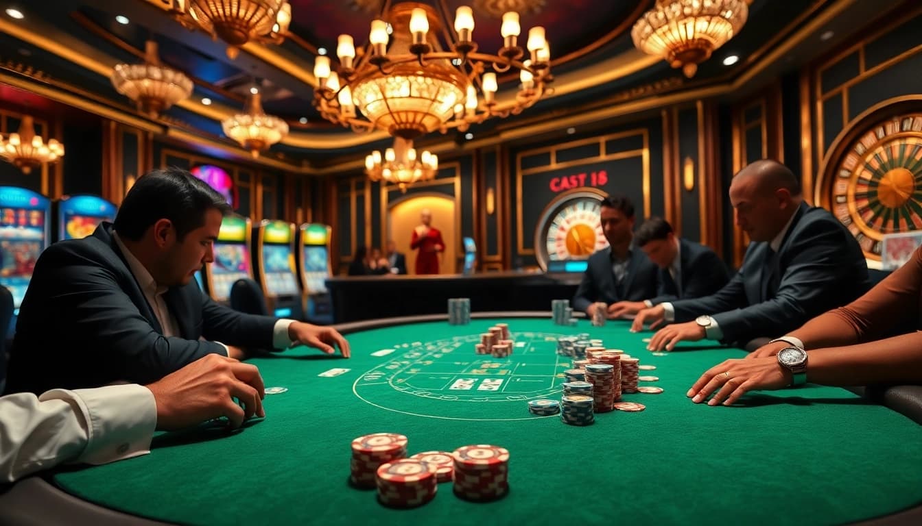 Des participants s'engagent dans un poker à enjeux élevés dans un luxueux casino en ligne Français 2026.