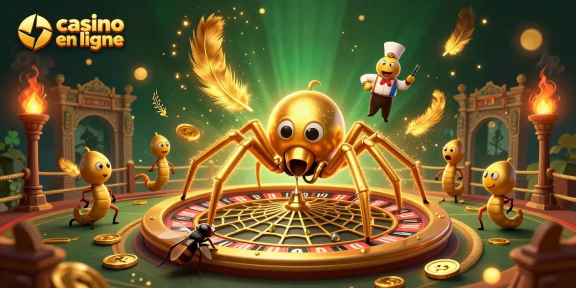 Illustration d'une araignée en or au casino en ligne, pariant avec un mouches et un croupier centipède.