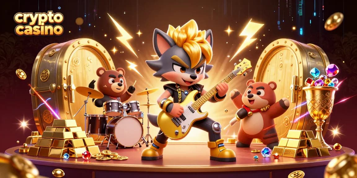 Gainz sur le casino crypto avec un loup rock star jouant de la guitare, le tout illuminé par des effets d'éclairage doré.