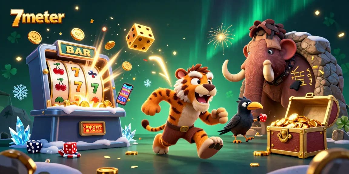 Experience thrilling moments with 7meter in this exciting prehistoric casino scene bursting with action!