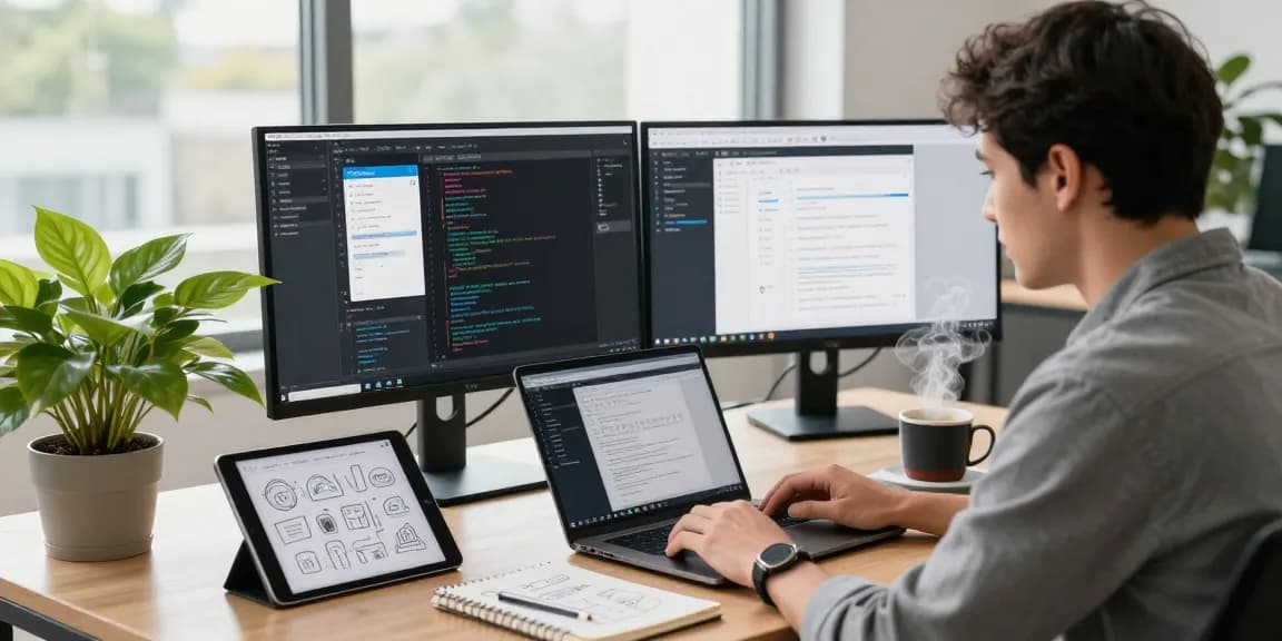 Efficient workspace with developer using snipaste下载 and displaying coding interface on dual monitors