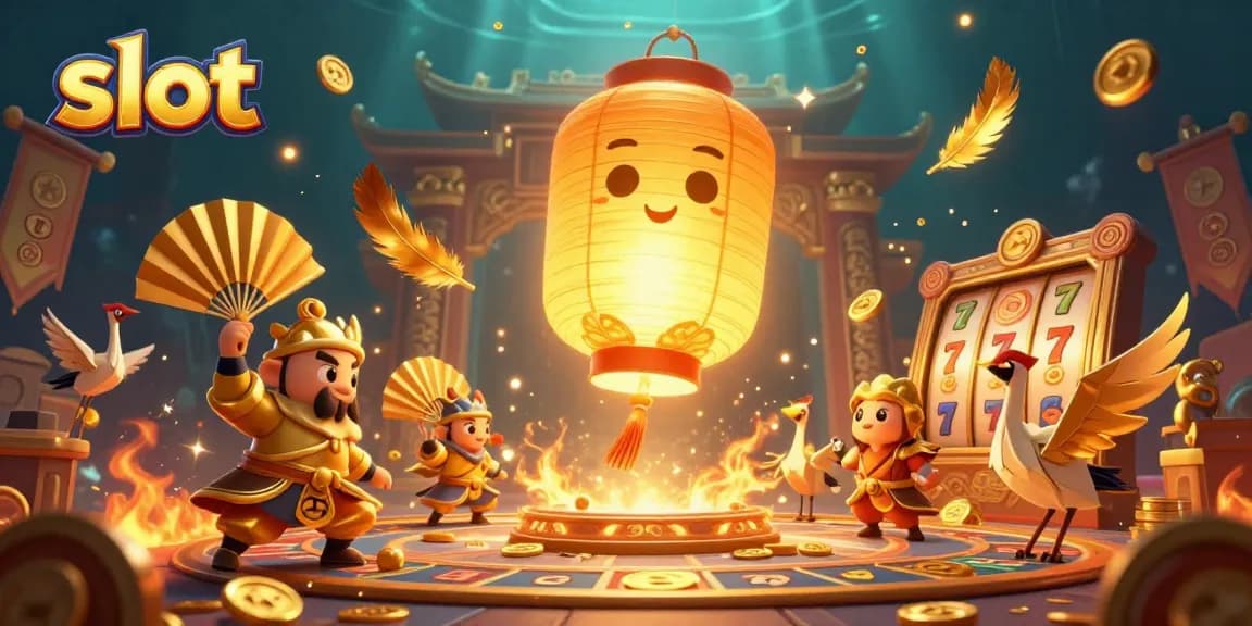 Experience the thrill of slot games with a vibrant 3D scene filled with golden lantern spirits and lucky symbols.