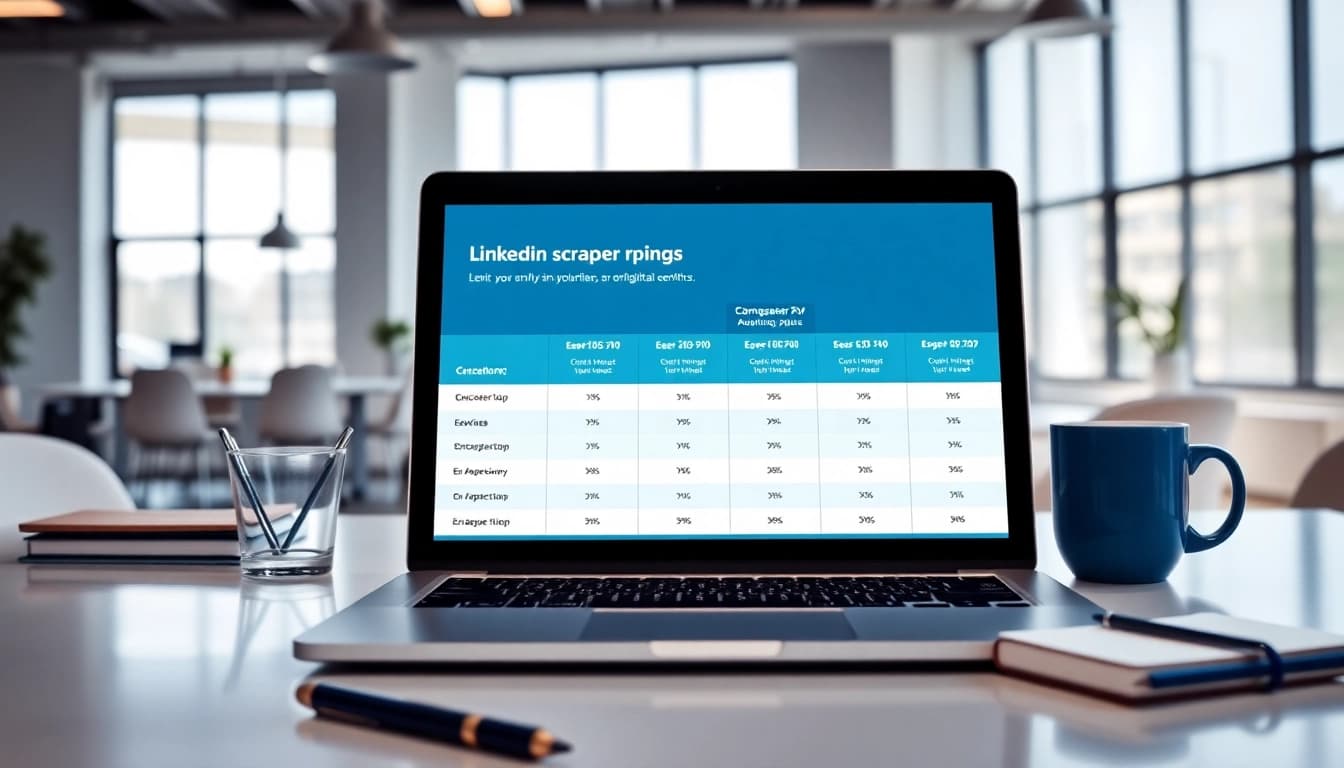 Analyze linkedin scraper pricing plans in a modern workspace featuring a laptop and creative elements.