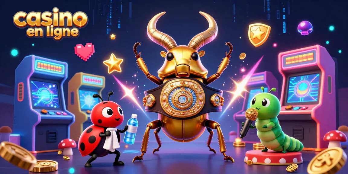 Casino en ligne : combat captivant entre un scarabée doré et un cormoran autour de machines colorées.