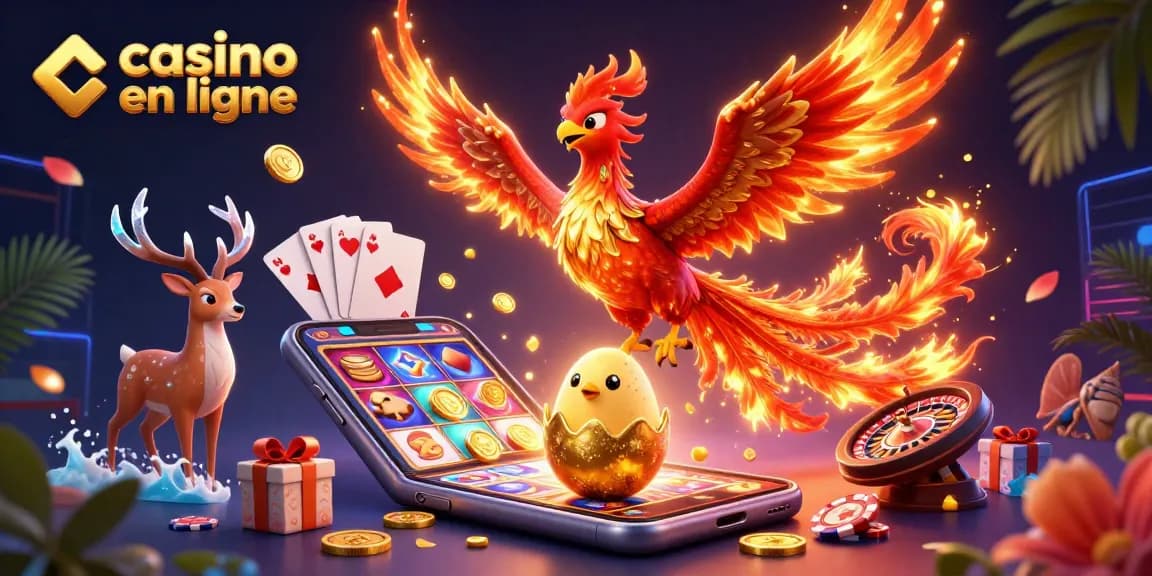 Illustration captivante sur le thème du casino en ligne, avec un phénix de feu et des jeux de cartes
