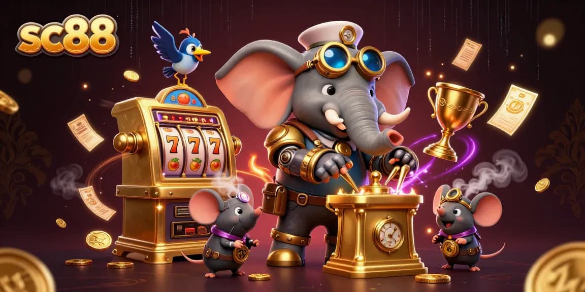 Experience thrilling gameplay at sc88 with a dynamic scene of a steampunk elephant operating a lively slot machine.