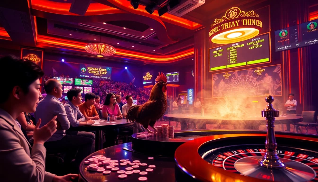Xem đá gà trực tiếp hôm nay at a busy casino featuring live betting excitement and professional commentary.