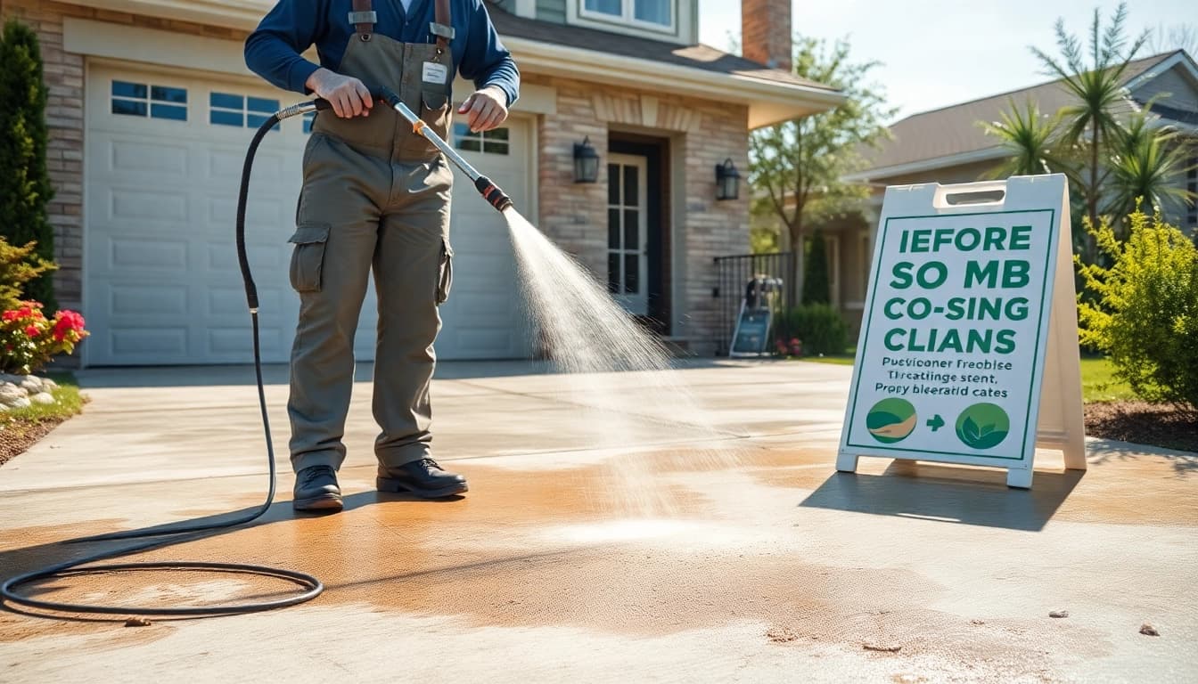 Concrete cleaning service in action, showcasing pressure washing on a driveway for a sparkling finish.