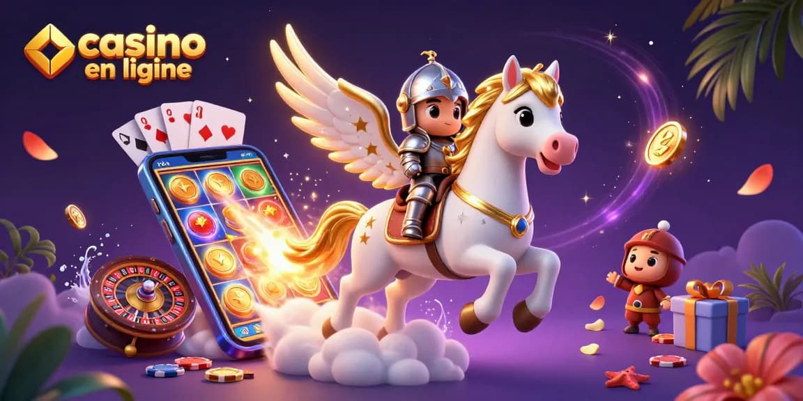 Découvrez la magie des jeux de casino en ligne avec un cheval céleste galopant et des éléments de jeu animés.