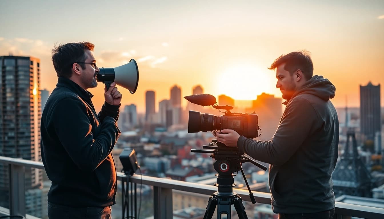 Highlighting edmonton production companies with a team setting up a film shoot against the city skyline.