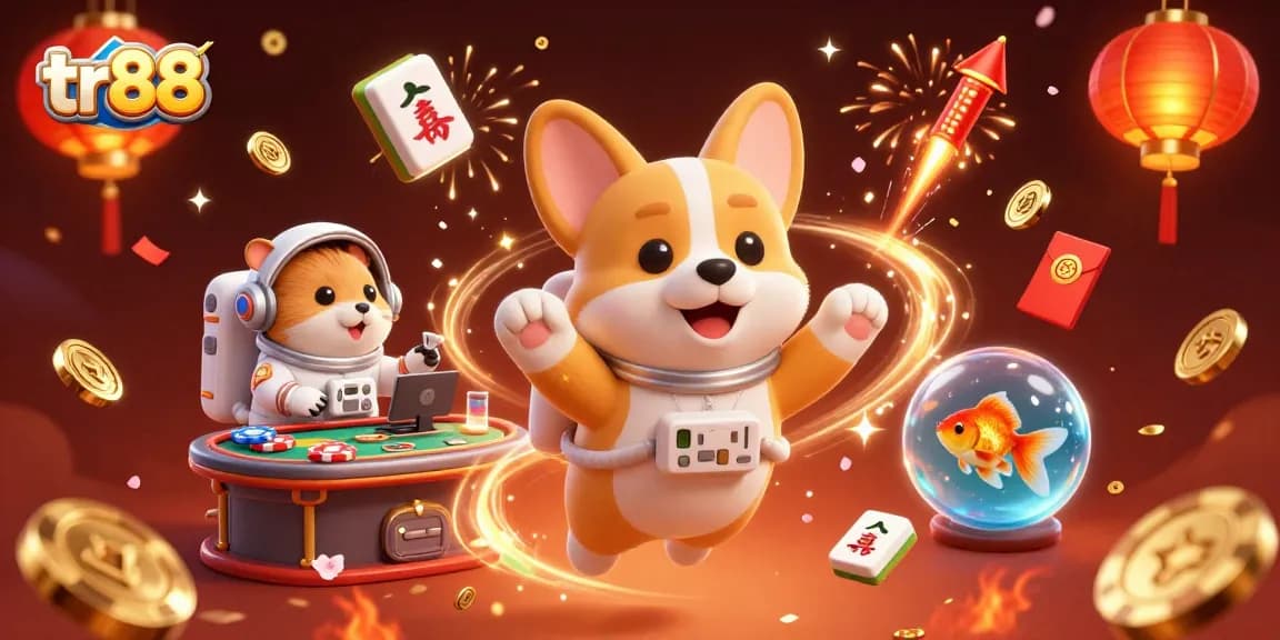 Experience thrilling gaming action with tr88 in a vibrant space casino scene of floating characters!