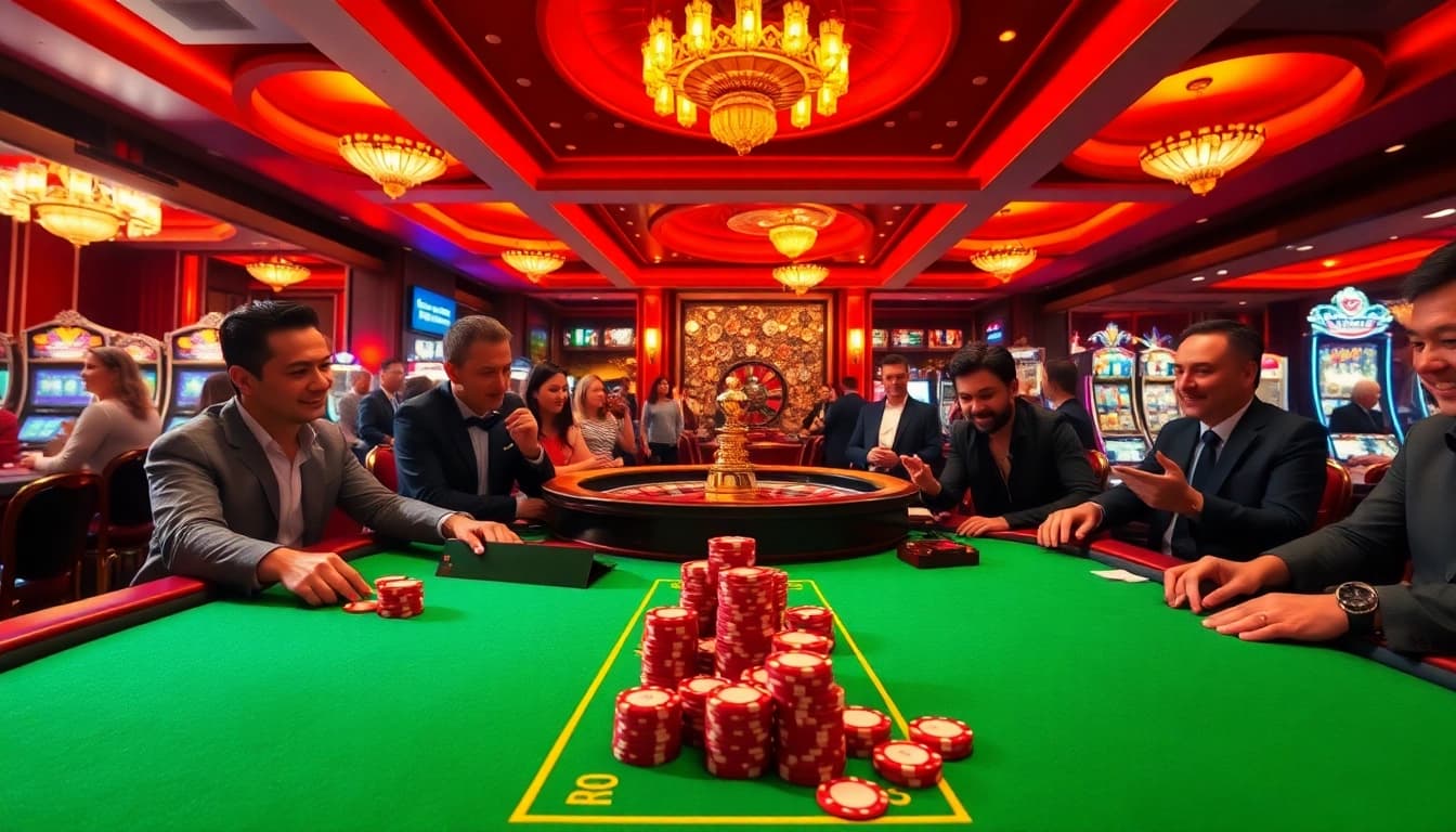 Experience the thrill of winning at https://vin777.green/ with players at a vibrant poker table in an upscale casino.