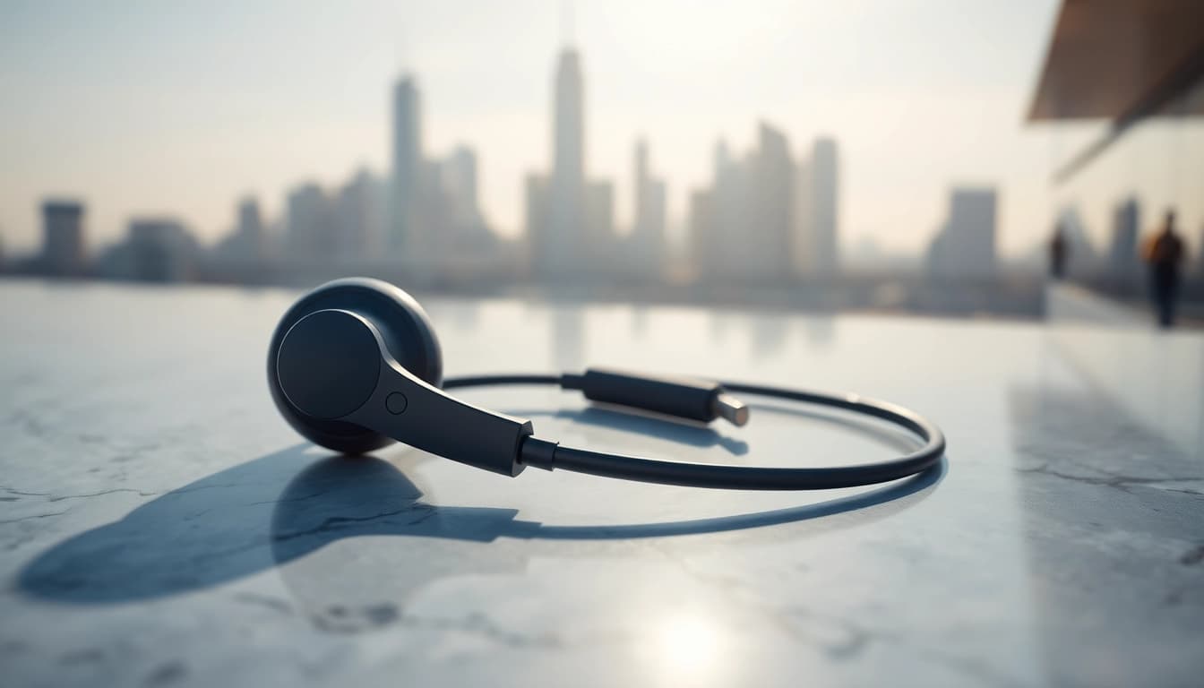 F1 Bone Conduction Headphones displayed elegantly on a marble surface against a city skyline.