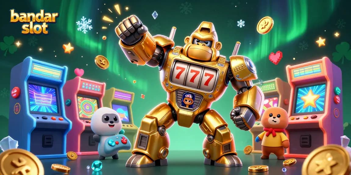 Menangkan permainan bandar slot dengan ikon mesin slot dan pemandangan menarik.